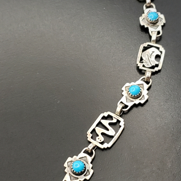 Sterling Silver 925 Native American Shube Thunderbird Turquoise Link Necklace - Picture 5 of 11